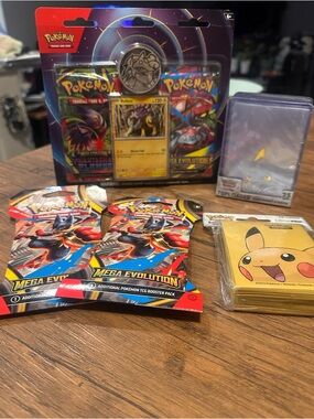 Pokémon TCG Mega Evolution Booster Packs + Promo Blister Pack & Pikachu Sleeves